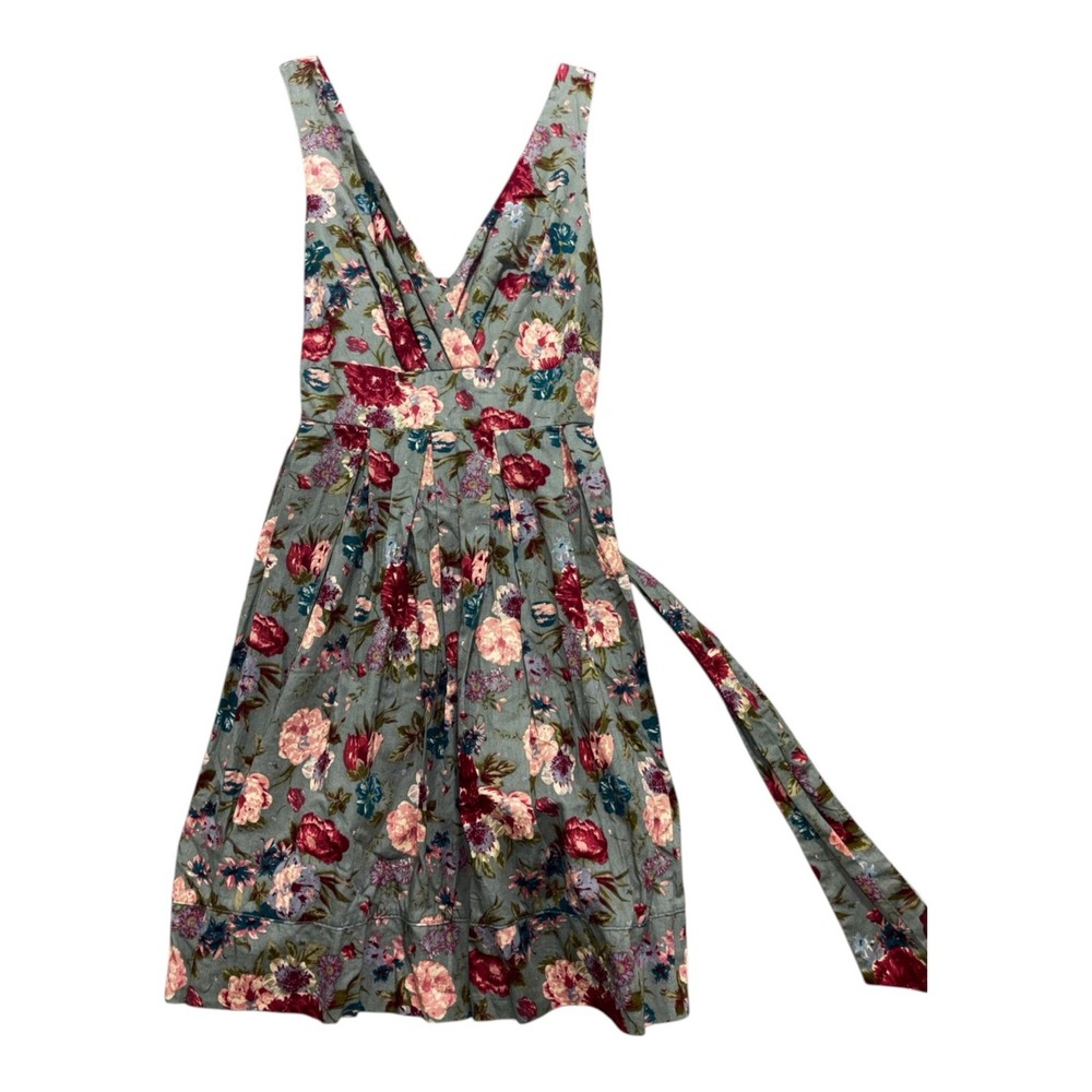 XXI Womens S Sage Green Floral Sleeveless V Neck Sundress Tie Sash Boho Dress